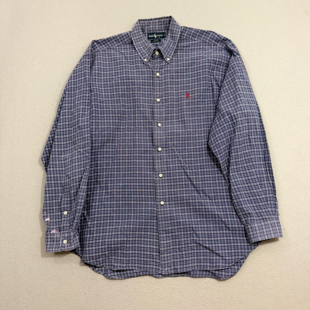 Vintage Polo Ralph Lauren Button Shirt XL Blue Blake Plaid Long Sleeve Cotton